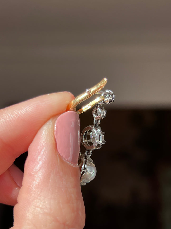 French Platinum & 18ct Gold Pearl & Diamond Drop Earrings | 1.5ctw OEC | c.1910