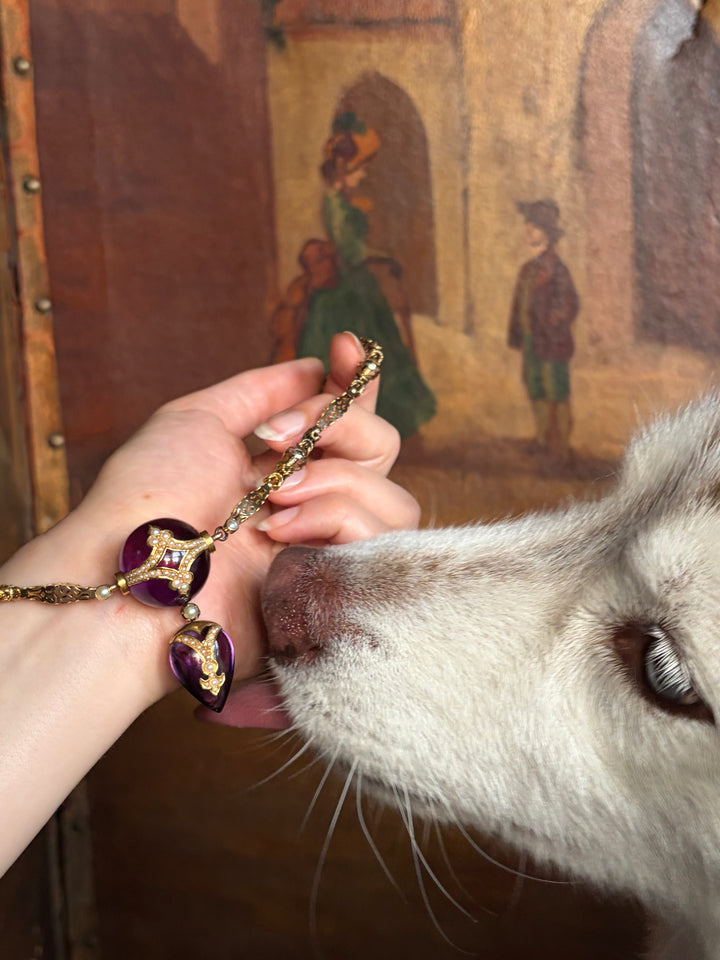 English Aestheticism 15ct Amethyst Orb & Heart Necklace | Est. 34ctw | Pearl Inlay | c.1870