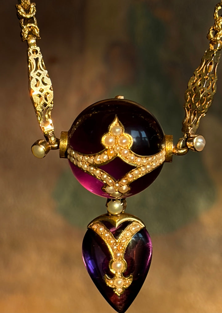 English Aestheticism 15ct Amethyst Orb & Heart Necklace | Est. 34ctw | Pearl Inlay | c.1870