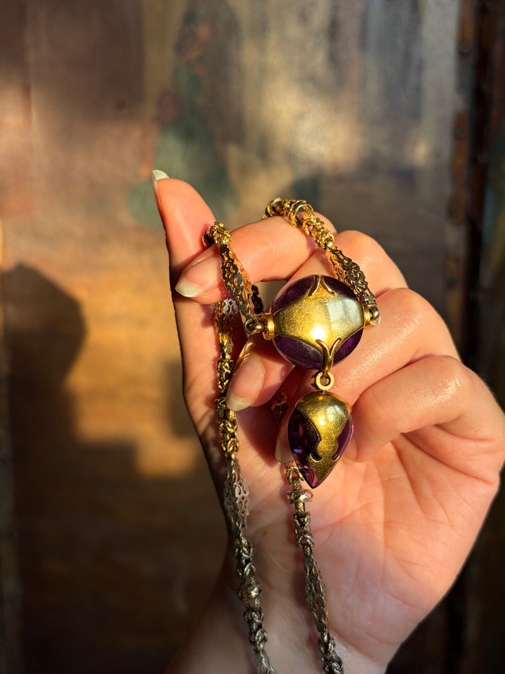 English Aestheticism 15ct Amethyst Orb & Heart Necklace | Est. 34ctw | Pearl Inlay | c.1870