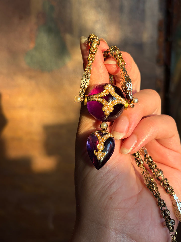 English Aestheticism 15ct Amethyst Orb & Heart Necklace | Est. 34ctw | Pearl Inlay | c.1870
