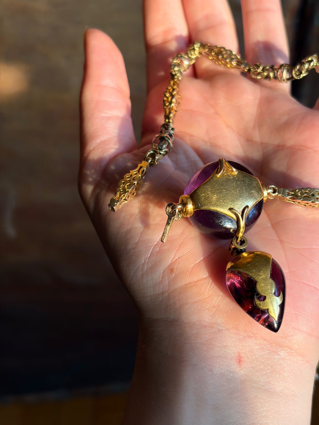English Aestheticism 15ct Amethyst Orb & Heart Necklace | Est. 34ctw | Pearl Inlay | c.1870