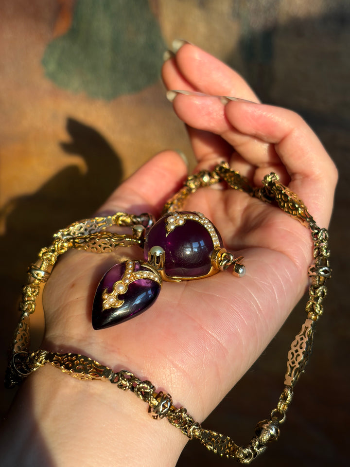 English Aestheticism 15ct Amethyst Orb & Heart Necklace | Est. 34ctw | Pearl Inlay | c.1870