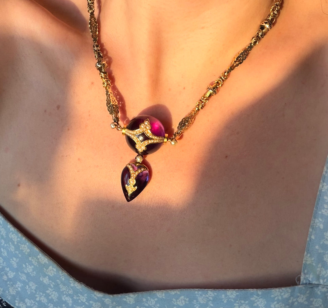 English Aestheticism 15ct Amethyst Orb & Heart Necklace | Est. 34ctw | Pearl Inlay | c.1870