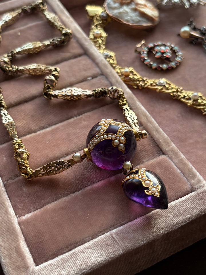 English Aestheticism 15ct Amethyst Orb & Heart Necklace | Est. 34ctw | Pearl Inlay | c.1870