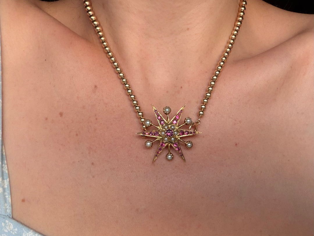 English Victorian Spinel Star Brooch with Pearls | 25 Pink/Purple Spinels | 9ct Gold | c.1870s