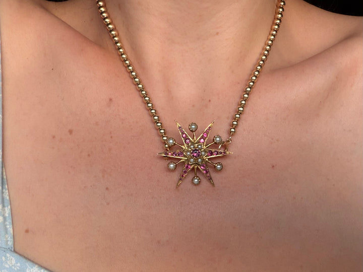 English Victorian Spinel Star Brooch with Pearls | 25 Pink/Purple Spinels | 9ct Gold | c.1870s