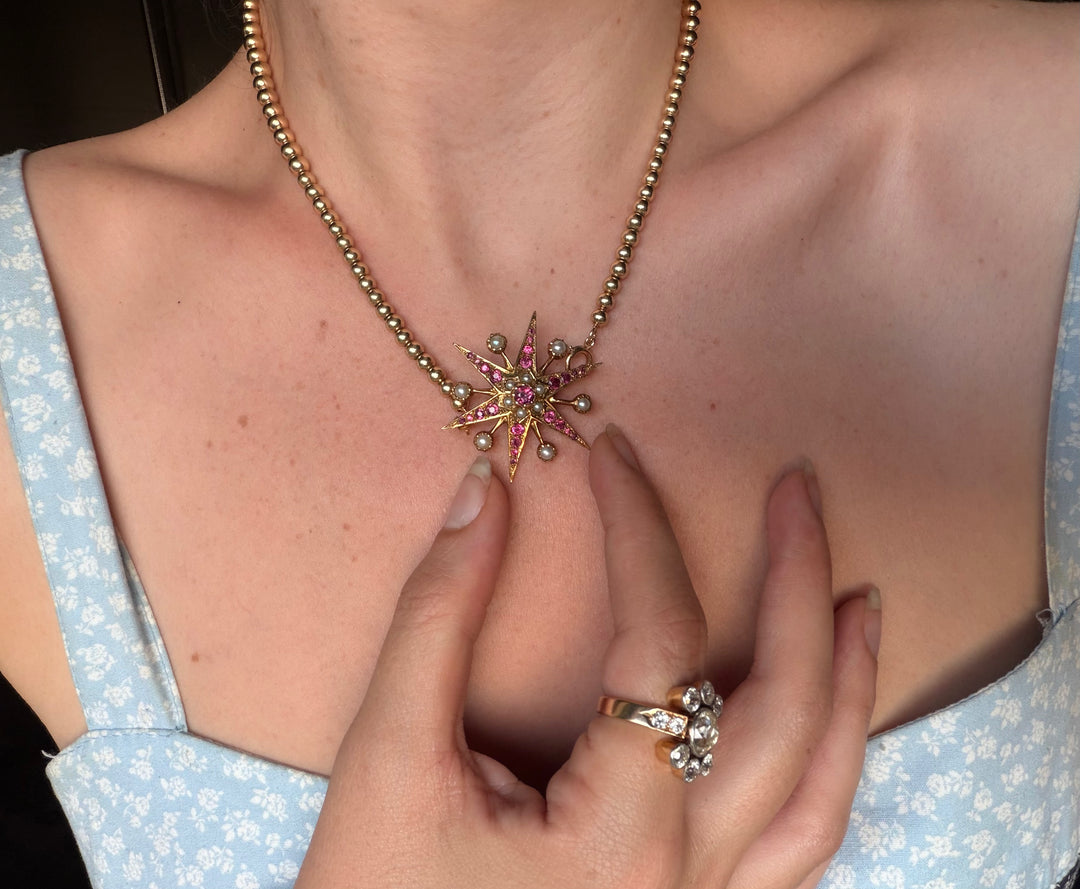 English Victorian Spinel Star Brooch with Pearls | 25 Pink/Purple Spinels | 9ct Gold | c.1870s