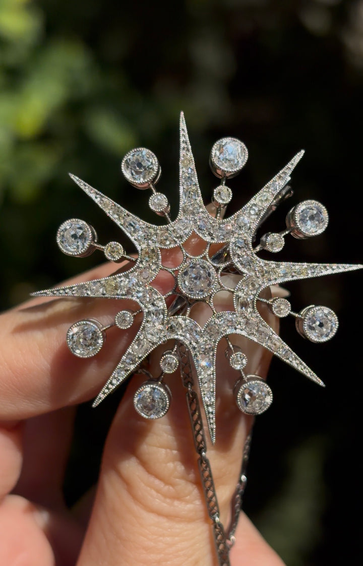 English Platinum Diamond Starburst Brooch | ~2.98ctw 64 Diamonds | All Original | c.1915