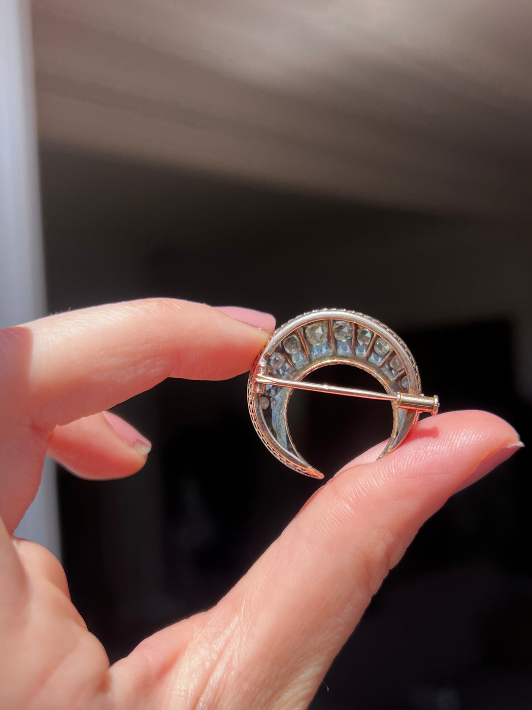 French Rose Cut Diamond Crescent Brooch | .87ctw | Sterling & Pink Gold | Napoleon III c.1860s
