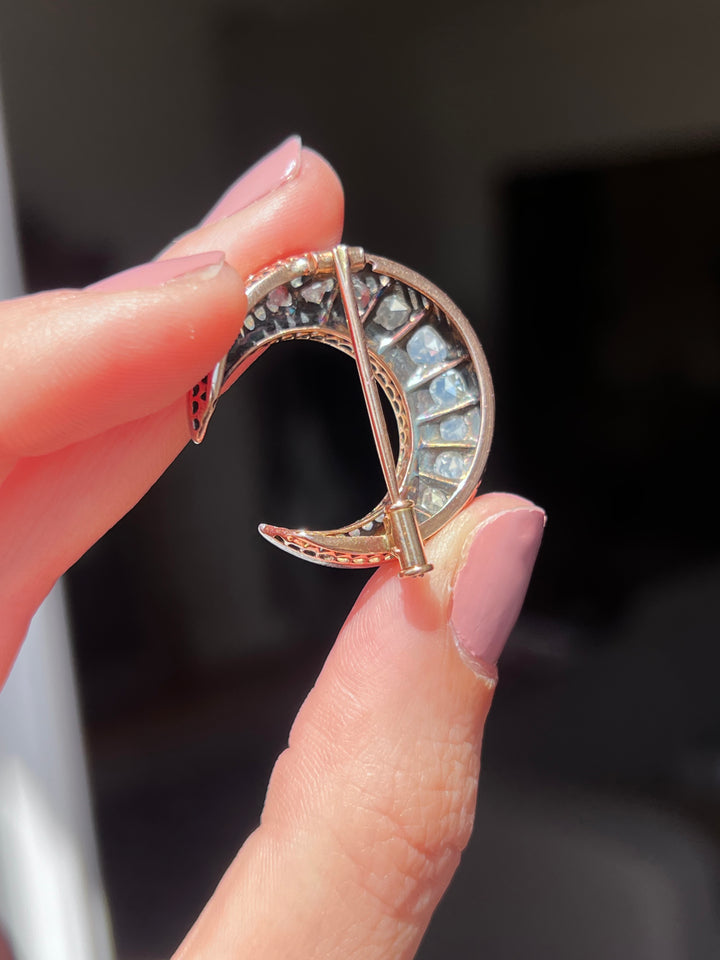 French Rose Cut Diamond Crescent Brooch | .87ctw | Sterling & Pink Gold | Napoleon III c.1860s