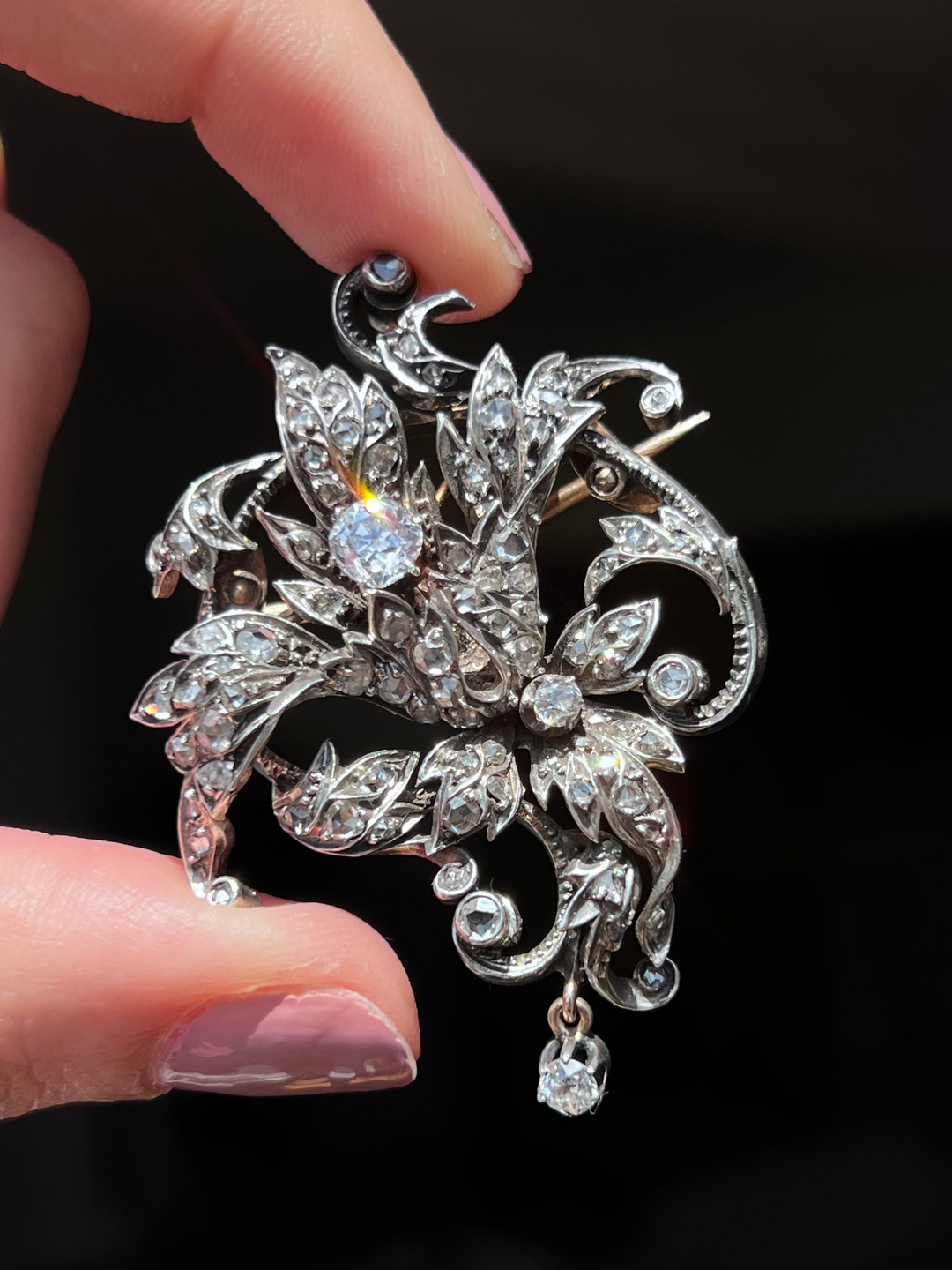 French Art Nouveau Diamond Brooch | 3.4ctw | .93ct Old Mine Centre | Sterling & Pink Gold | c.1890