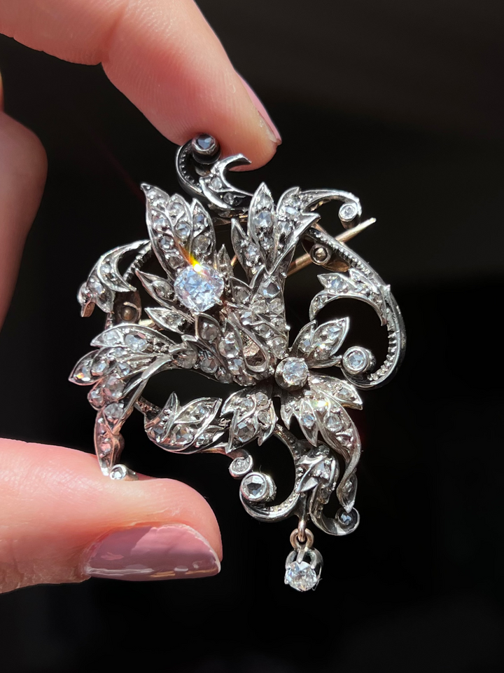 French Art Nouveau Diamond Brooch | 3.4ctw | .93ct Old Mine Centre | Sterling & Pink Gold | c.1890