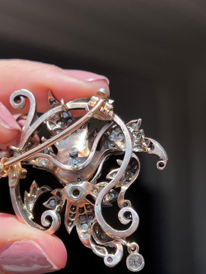 French Art Nouveau Diamond Brooch | 3.4ctw | .93ct Old Mine Centre | Sterling & Pink Gold | c.1890