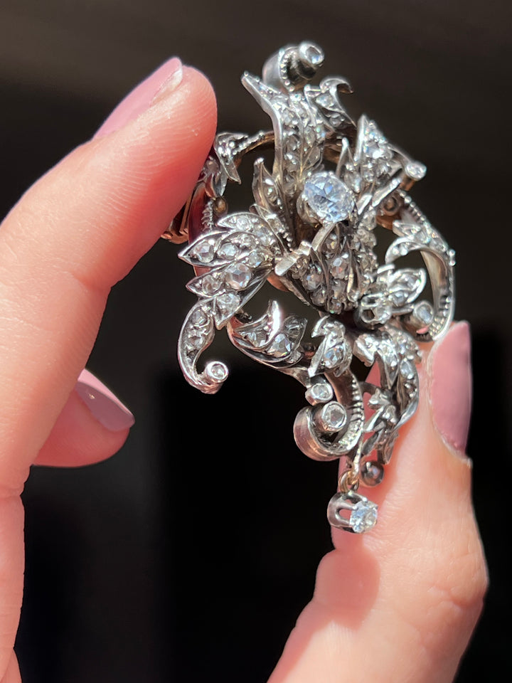 French Art Nouveau Diamond Brooch | 3.4ctw | .93ct Old Mine Centre | Sterling & Pink Gold | c.1890