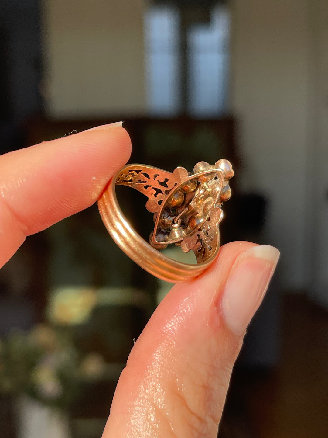 Perpignan Garnet Navette Ring | Deep Red & Soft Pink Garnets | 18ct Gold | French Napoleon III c.1860