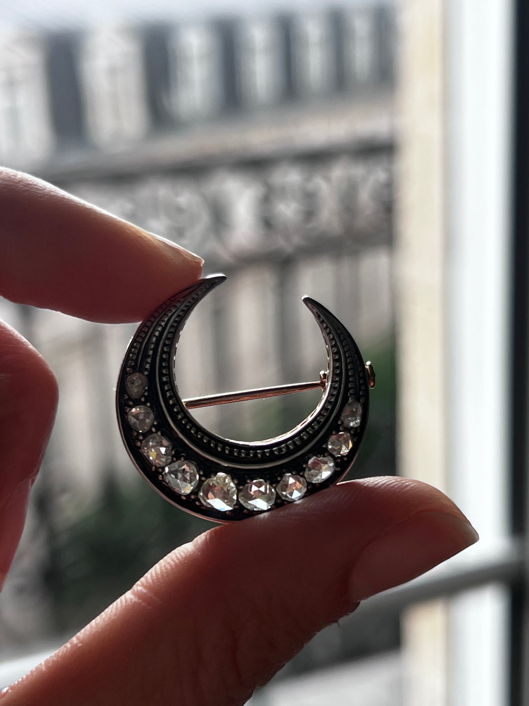 French Rose Cut Diamond Crescent Brooch | .87ctw | Sterling & Pink Gold | Napoleon III c.1860s