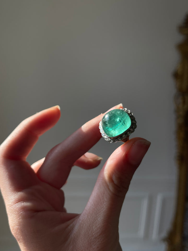 All Original Art Deco Emerald Cabochon & Diamond Ring | 23.06ct GIA Certified | Platinum | French c.1915