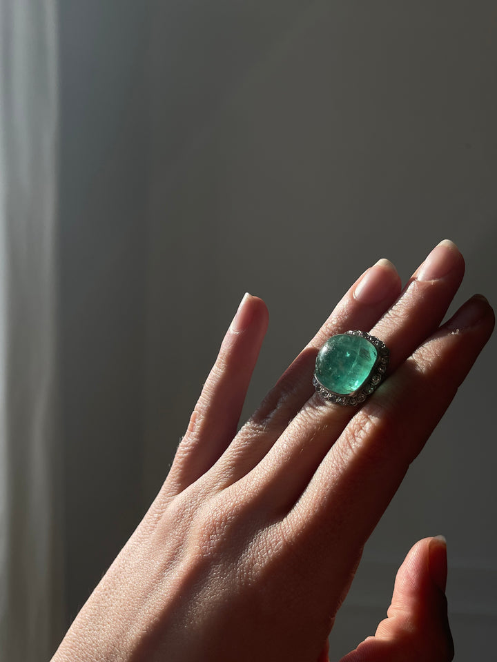 All Original Art Deco Emerald Cabochon & Diamond Ring | 23.06ct GIA Certified | Platinum | French c.1915