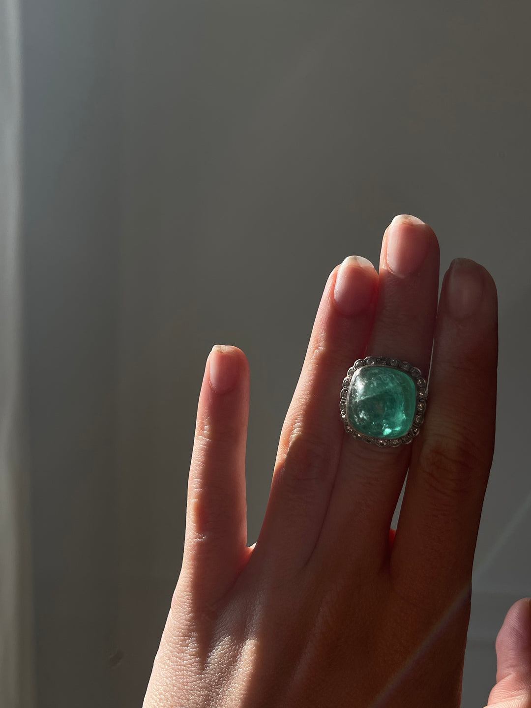 All Original Art Deco Emerald Cabochon & Diamond Ring | 23.06ct GIA Certified | Platinum | French c.1915