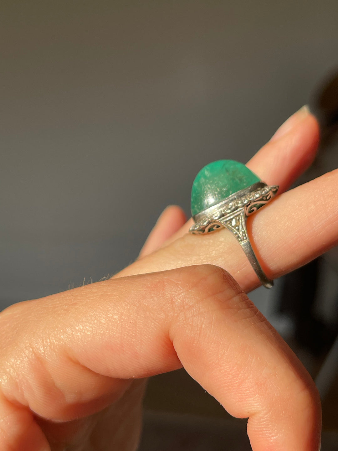 All Original Art Deco Emerald Cabochon & Diamond Ring | 23.06ct GIA Certified | Platinum | French c.1915