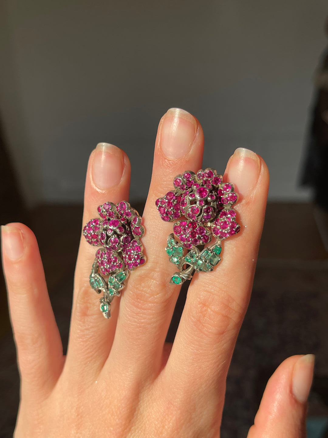 Austrian Ruby & Emerald Flower Earrings | 18ct & Sterling Silver | c.1850