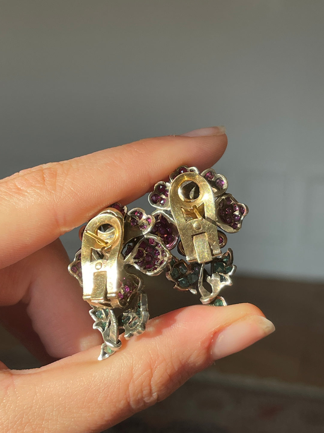 Austrian Ruby & Emerald Flower Earrings | 18ct & Sterling Silver | c.1850