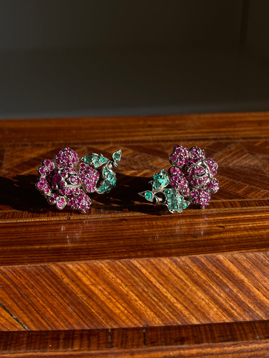 Austrian Ruby & Emerald Flower Earrings | 18ct & Sterling Silver | c.1850