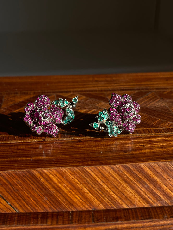 Austrian Ruby & Emerald Flower Earrings | 18ct & Sterling Silver | c.1850