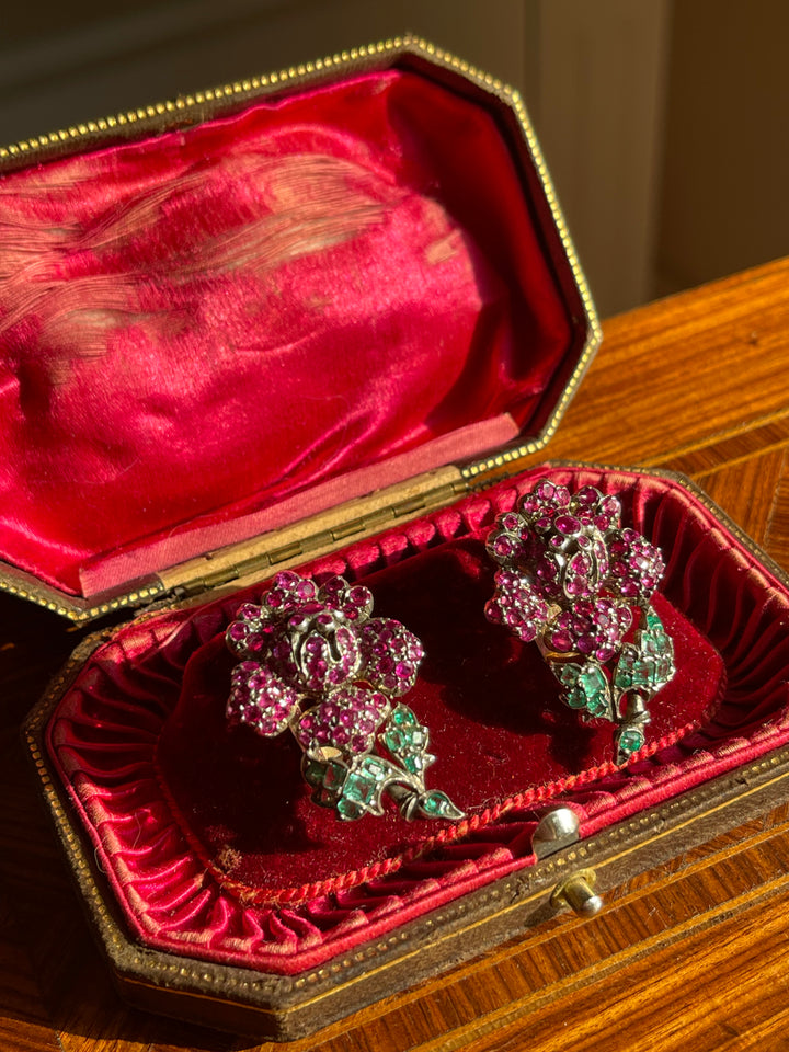 Austrian Ruby & Emerald Flower Earrings | 18ct & Sterling Silver | c.1850