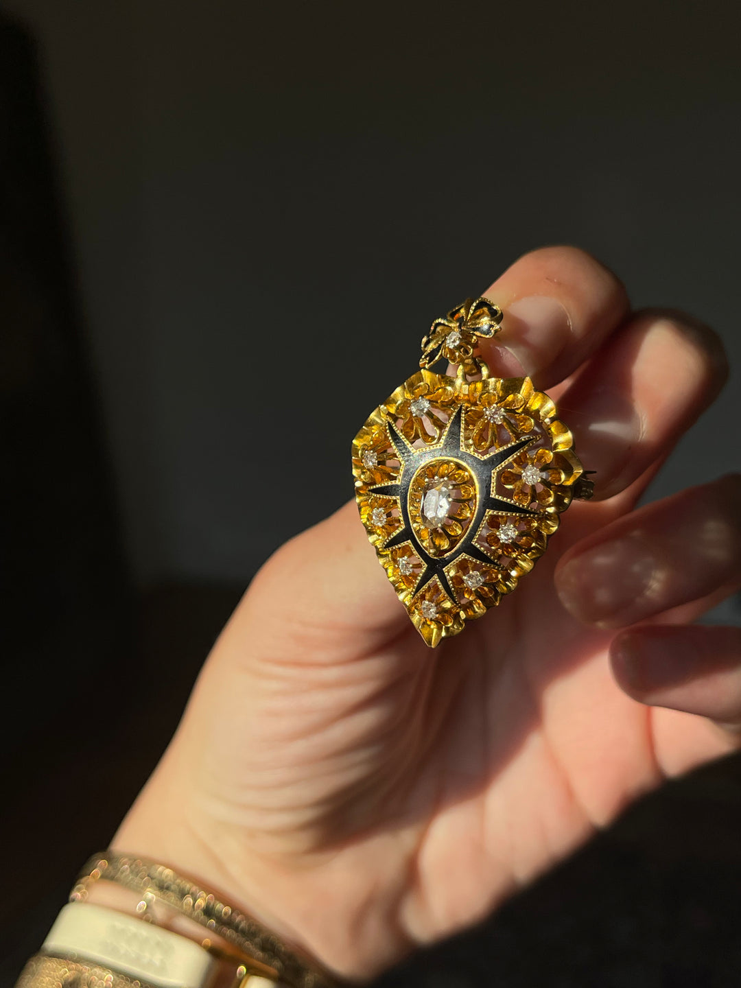 Victorian Heart Locket with Bow | Rose Cut Diamonds .40ctw | 18ct Gold & Black Enamel | American c.1870s