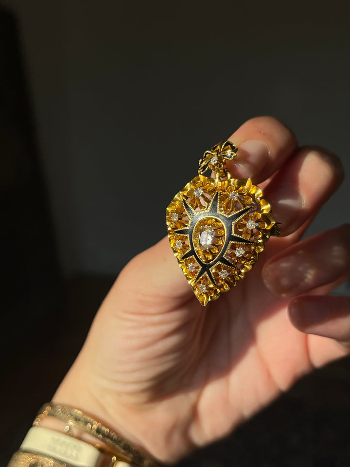 Victorian Heart Locket with Bow | Rose Cut Diamonds .40ctw | 18ct Gold & Black Enamel | American c.1870s