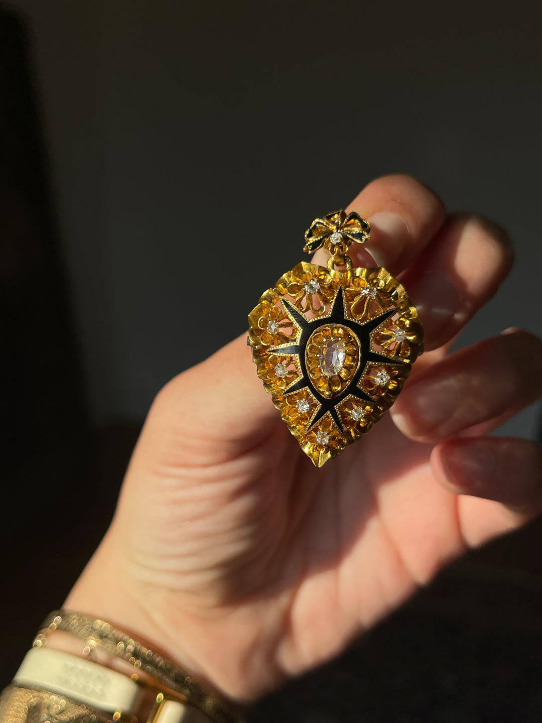 Victorian Heart Locket with Bow | Rose Cut Diamonds .40ctw | 18ct Gold & Black Enamel | American c.1870s
