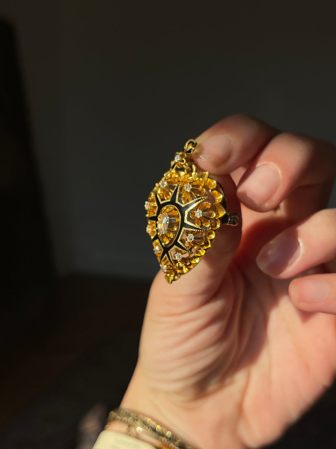 Victorian Heart Locket with Bow | Rose Cut Diamonds .40ctw | 18ct Gold & Black Enamel | American c.1870s