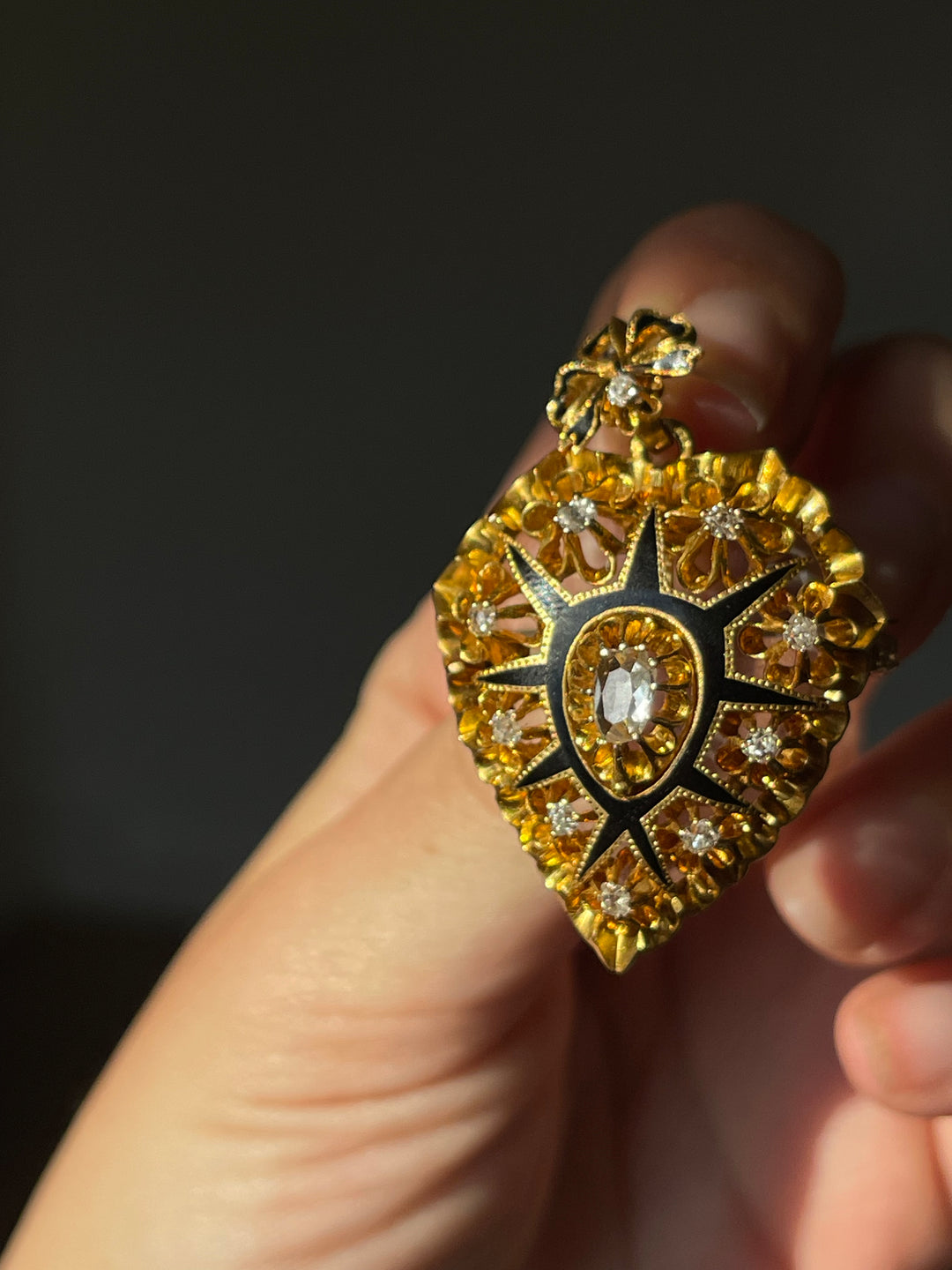 Victorian Heart Locket with Bow | Rose Cut Diamonds .40ctw | 18ct Gold & Black Enamel | American c.1870s