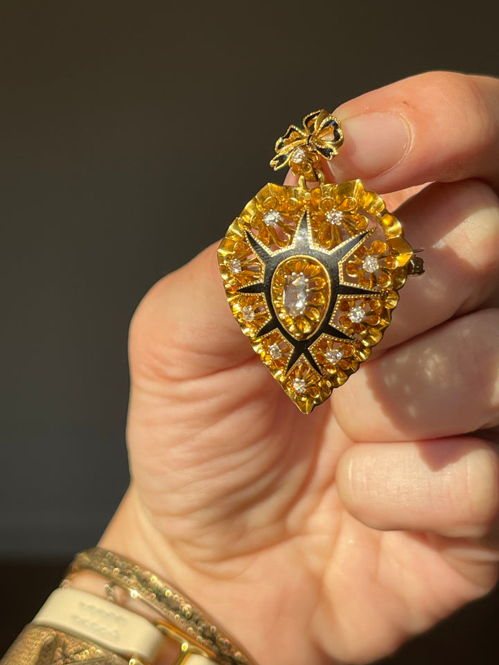 Victorian Heart Locket with Bow | Rose Cut Diamonds .40ctw | 18ct Gold & Black Enamel | American c.1870s