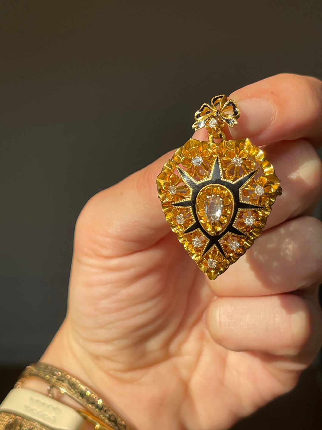 Victorian Heart Locket with Bow | Rose Cut Diamonds .40ctw | 18ct Gold & Black Enamel | American c.1870s