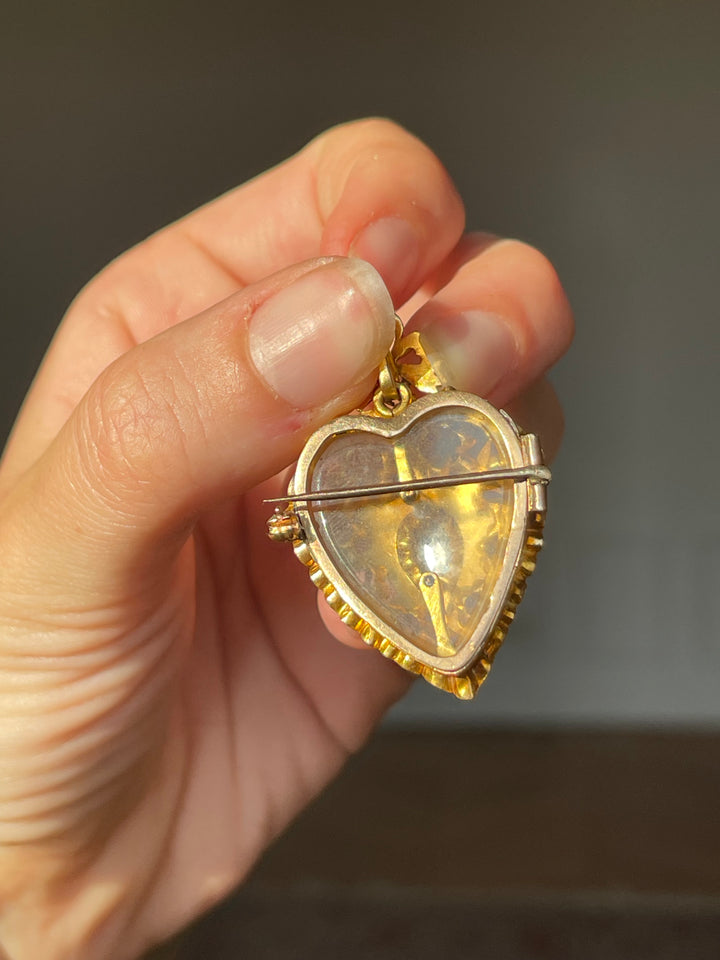 Victorian Heart Locket with Bow | Rose Cut Diamonds .40ctw | 18ct Gold & Black Enamel | American c.1870s