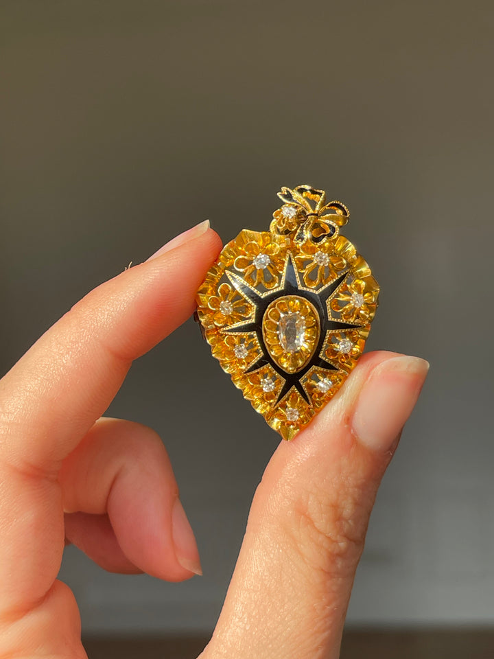 Victorian Heart Locket with Bow | Rose Cut Diamonds .40ctw | 18ct Gold & Black Enamel | American c.1870s