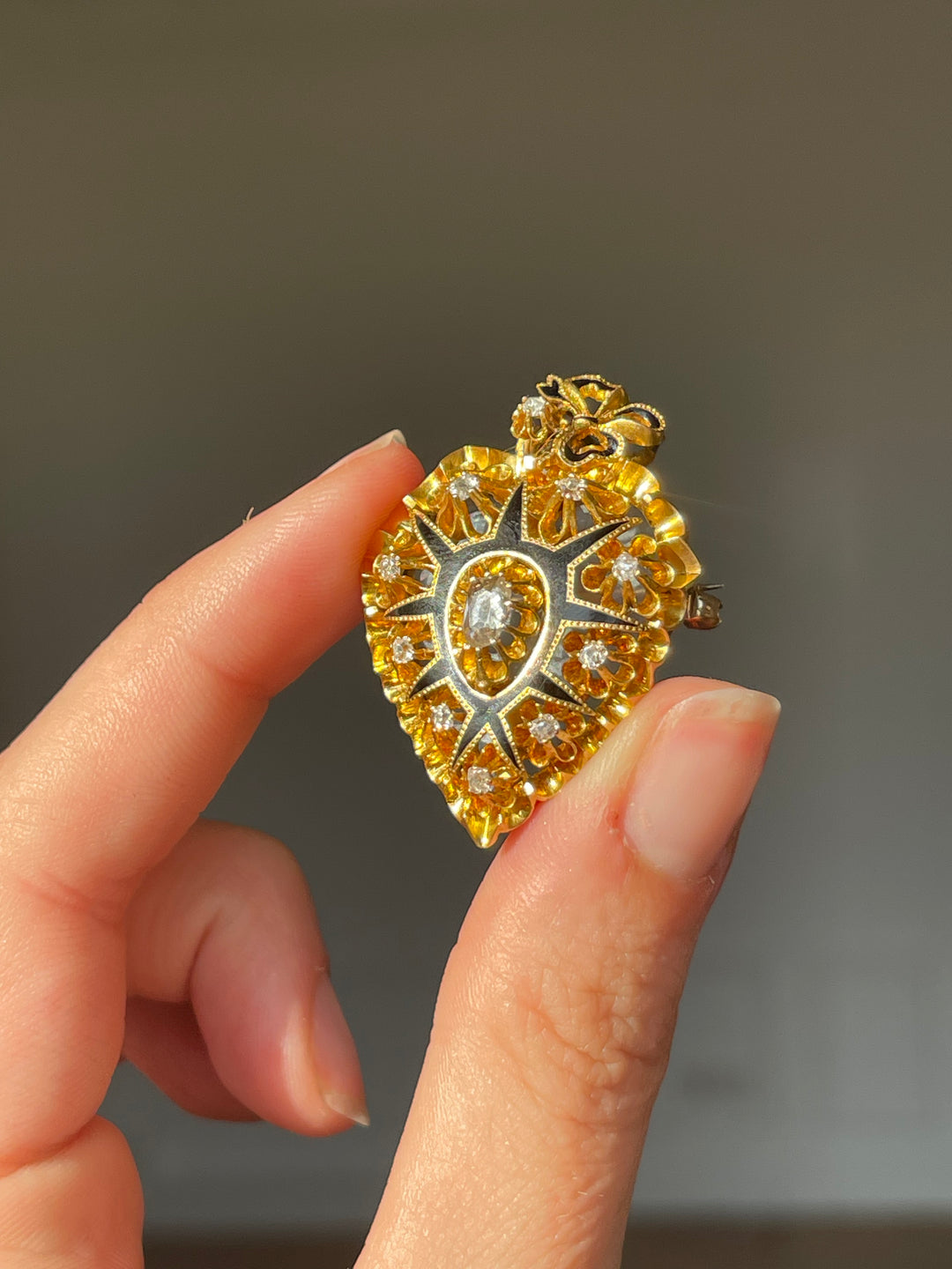 Victorian Heart Locket with Bow | Rose Cut Diamonds .40ctw | 18ct Gold & Black Enamel | American c.1870s