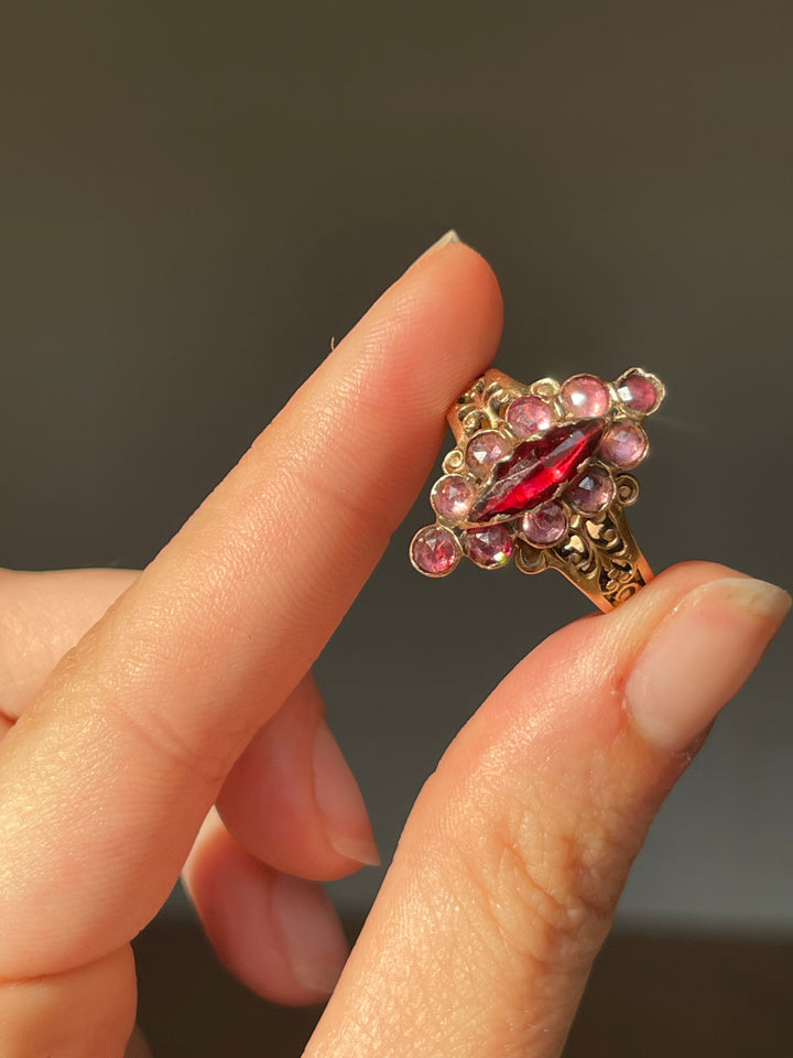 Perpignan Garnet Navette Ring | Deep Red & Soft Pink Garnets | 18ct Gold | French Napoleon III c.1860