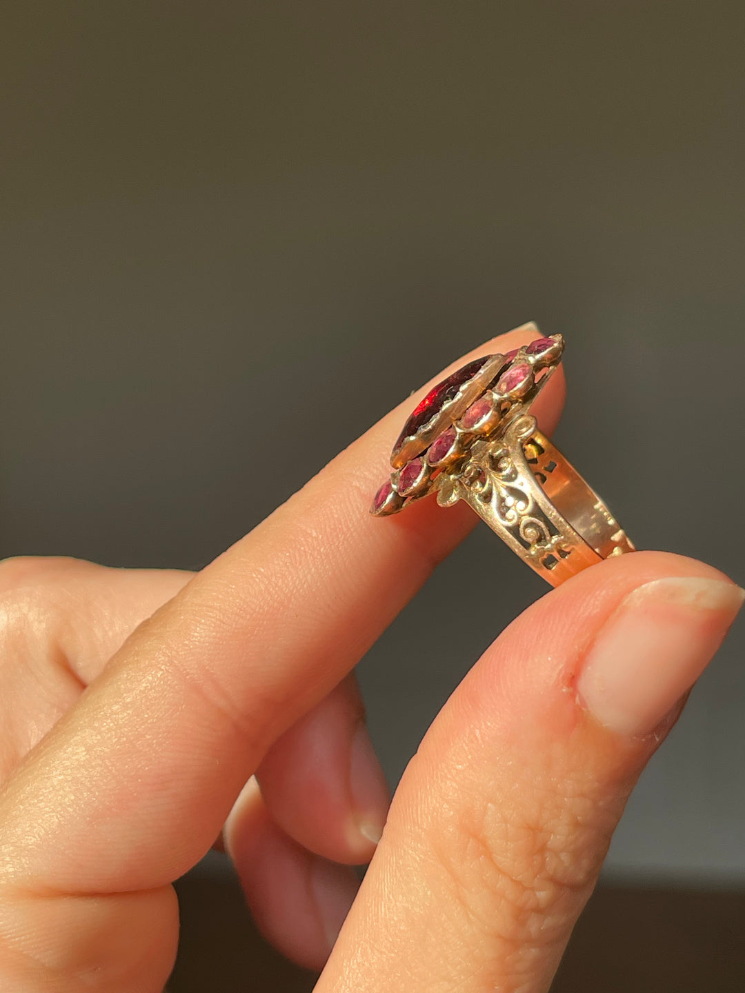 Perpignan Garnet Navette Ring | Deep Red & Soft Pink Garnets | 18ct Gold | French Napoleon III c.1860