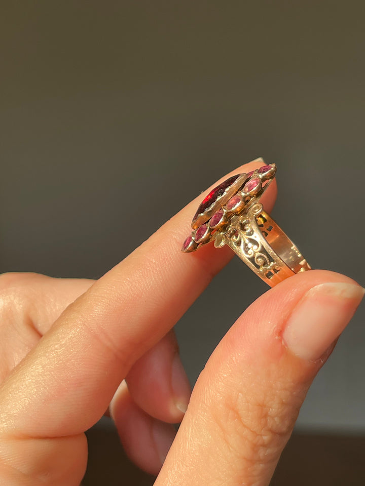 Perpignan Garnet Navette Ring | Deep Red & Soft Pink Garnets | 18ct Gold | French Napoleon III c.1860