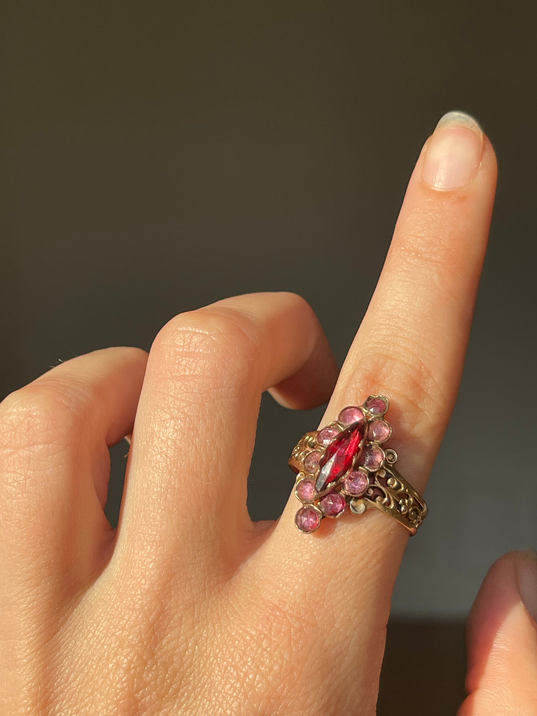 Perpignan Garnet Navette Ring | Deep Red & Soft Pink Garnets | 18ct Gold | French Napoleon III c.1860