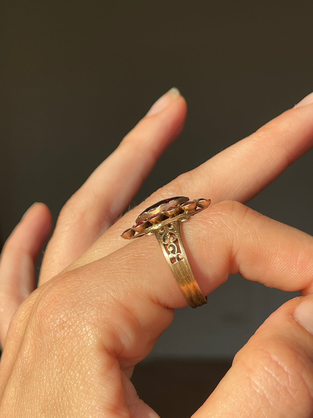 Perpignan Garnet Navette Ring | Deep Red & Soft Pink Garnets | 18ct Gold | French Napoleon III c.1860