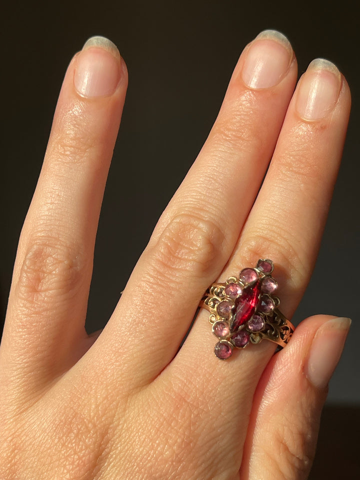 Perpignan Garnet Navette Ring | Deep Red & Soft Pink Garnets | 18ct Gold | French Napoleon III c.1860