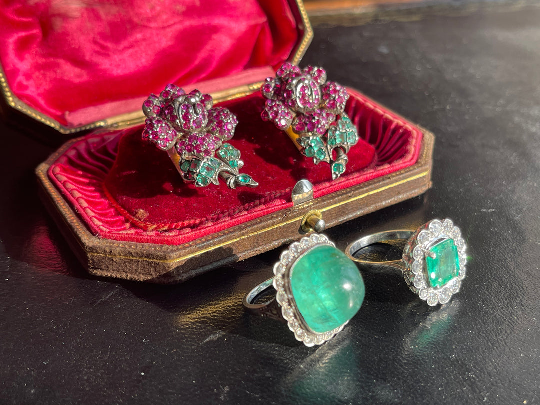 Austrian Ruby & Emerald Flower Earrings | 18ct & Sterling Silver | c.1850