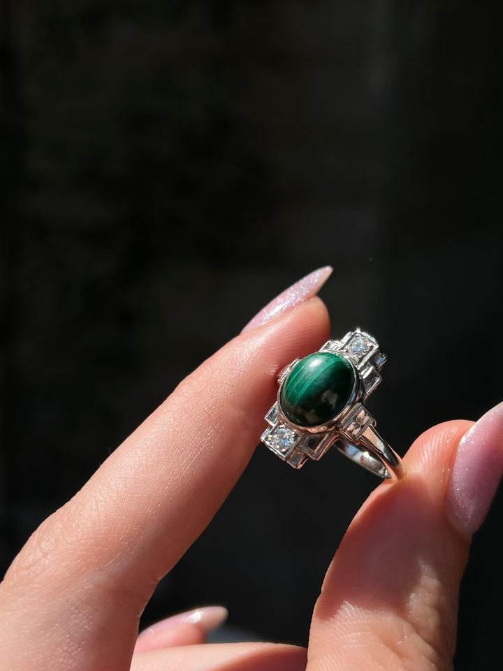 Wonderful Malachite and Diamond Art Deco Ring