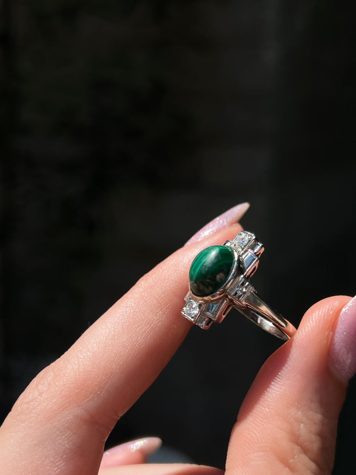 Wonderful Malachite and Diamond Art Deco Ring