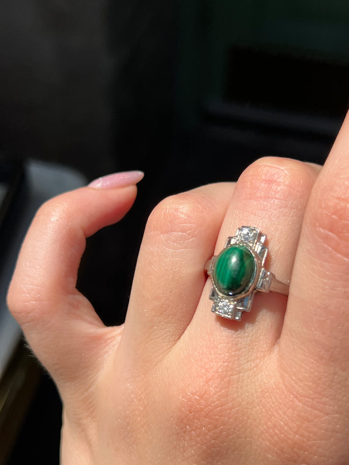 Wonderful Malachite and Diamond Art Deco Ring